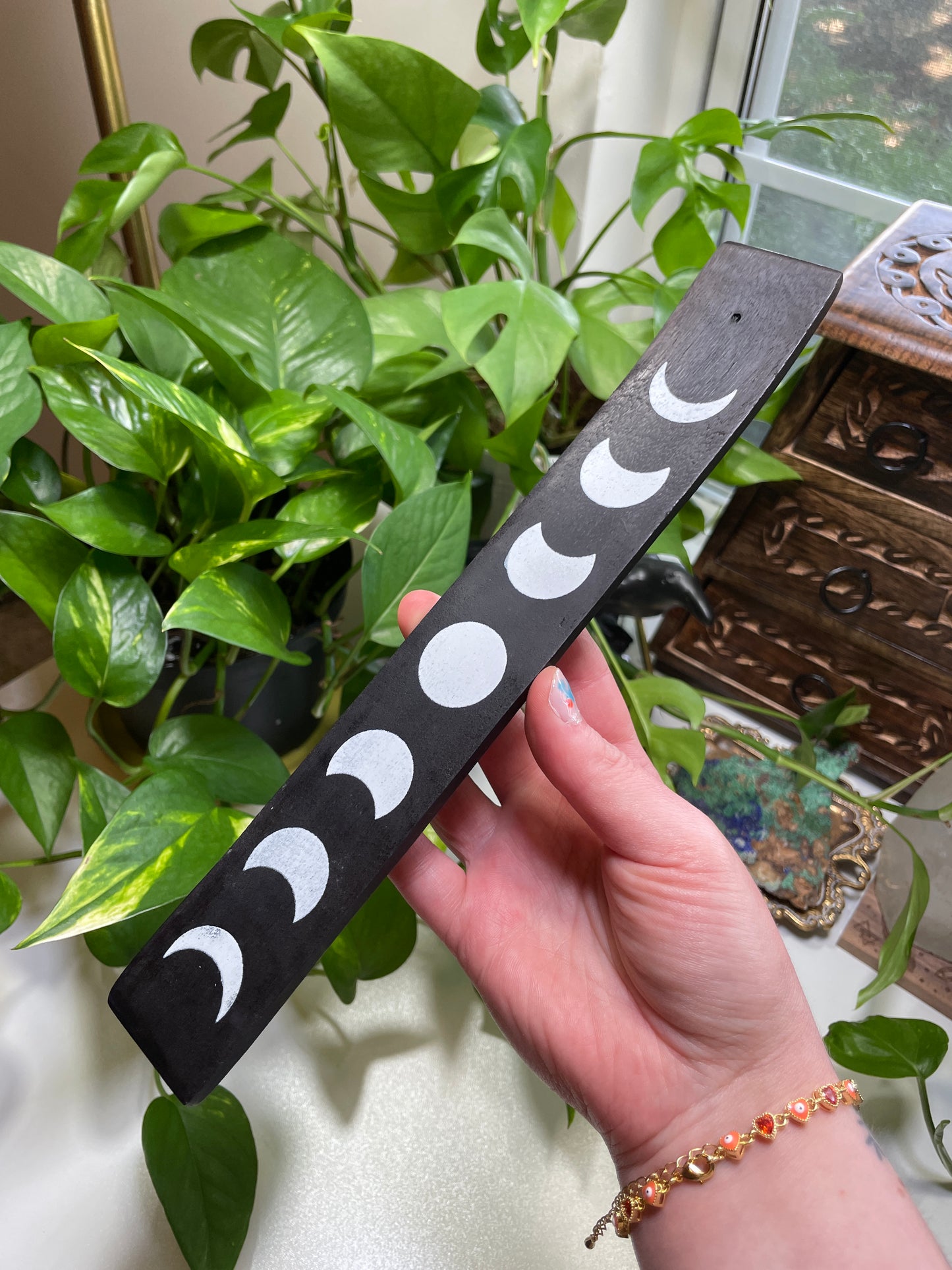 Black Moon Phase Wood Incense Holder