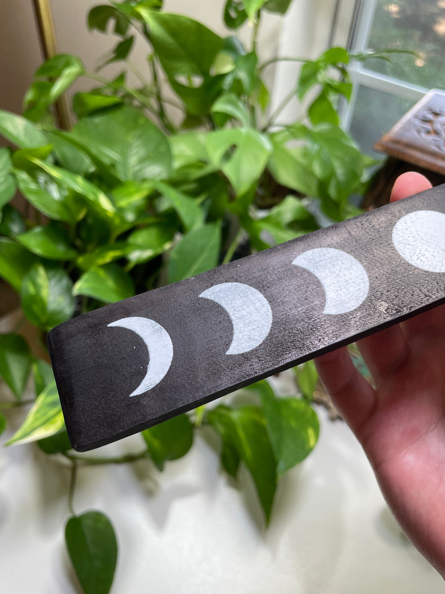 Black Moon Phase Wood Incense Holder
