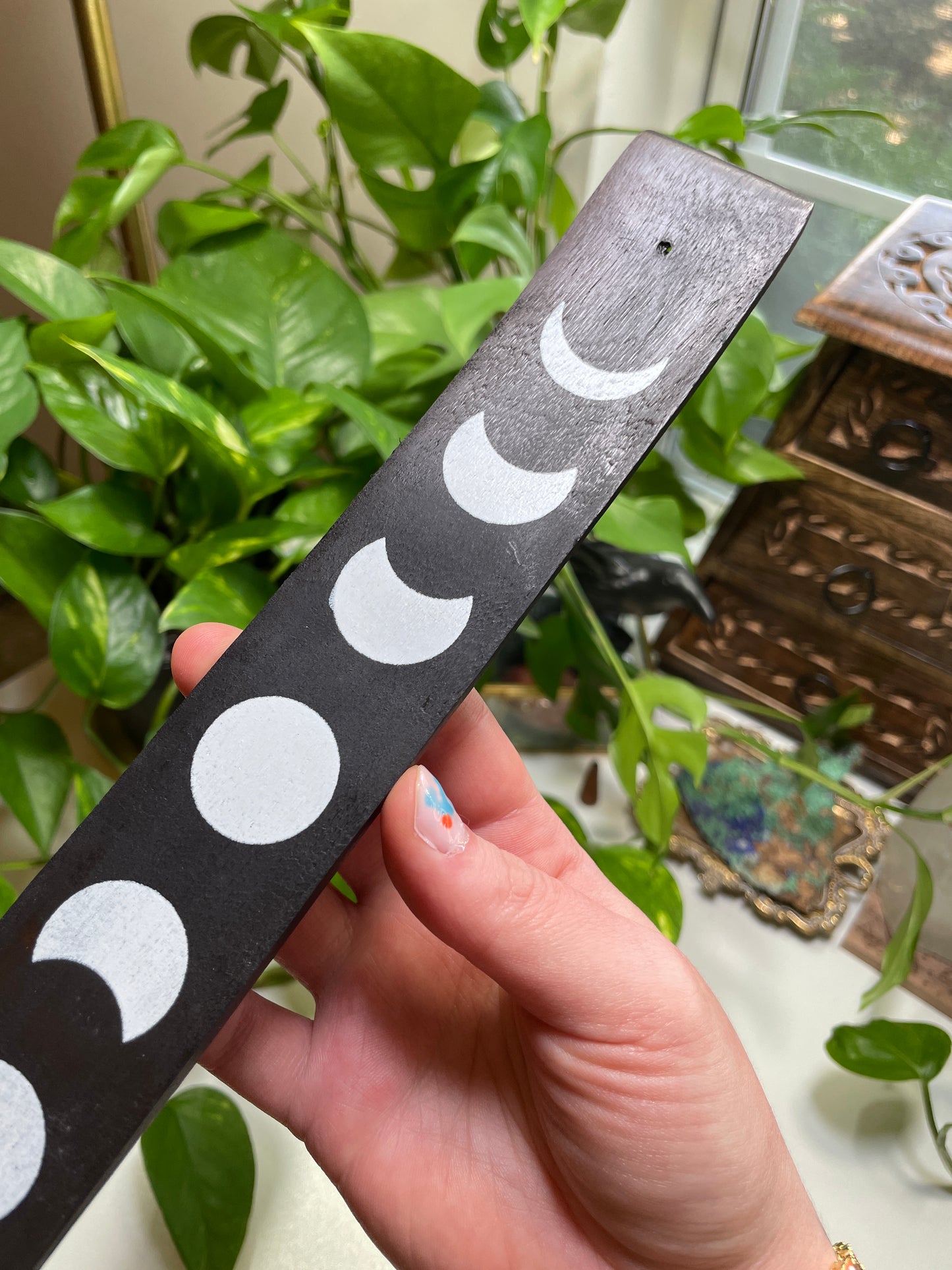 Black Moon Phase Wood Incense Holder