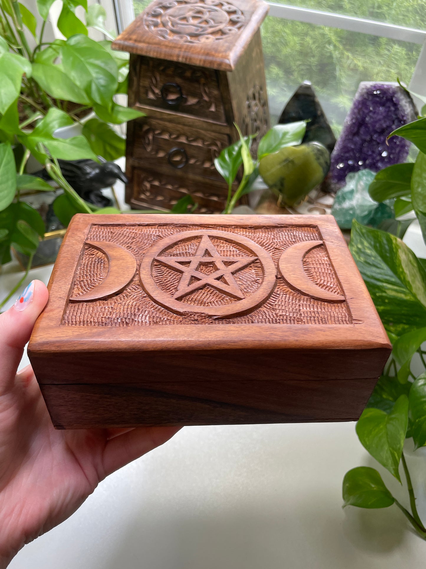 Triple Goddess Carved Wooden Box
