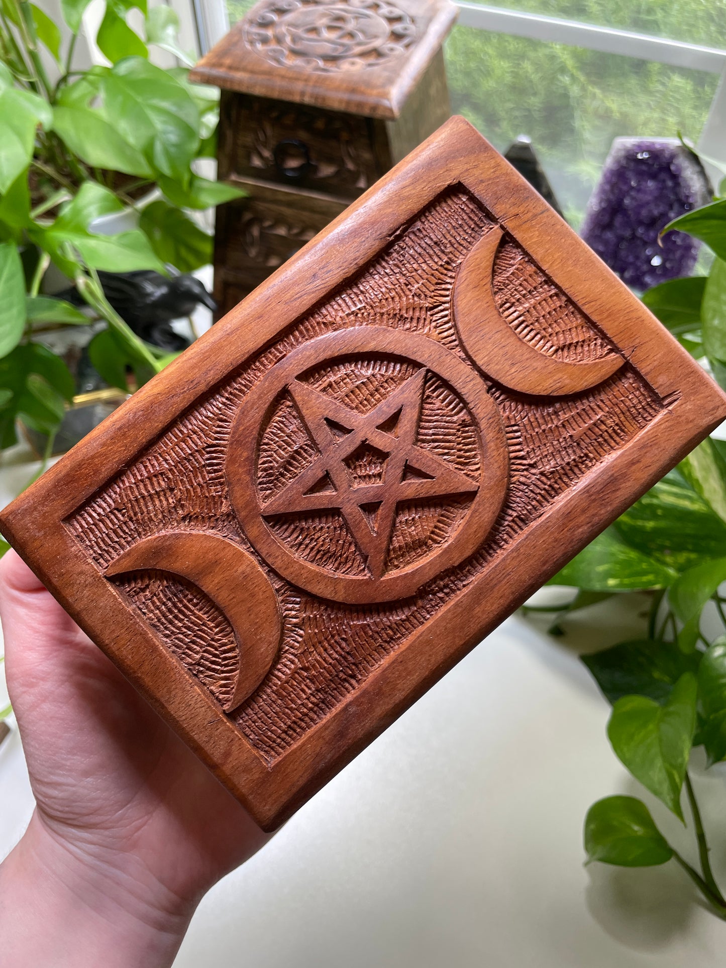 Triple Goddess Carved Wooden Box