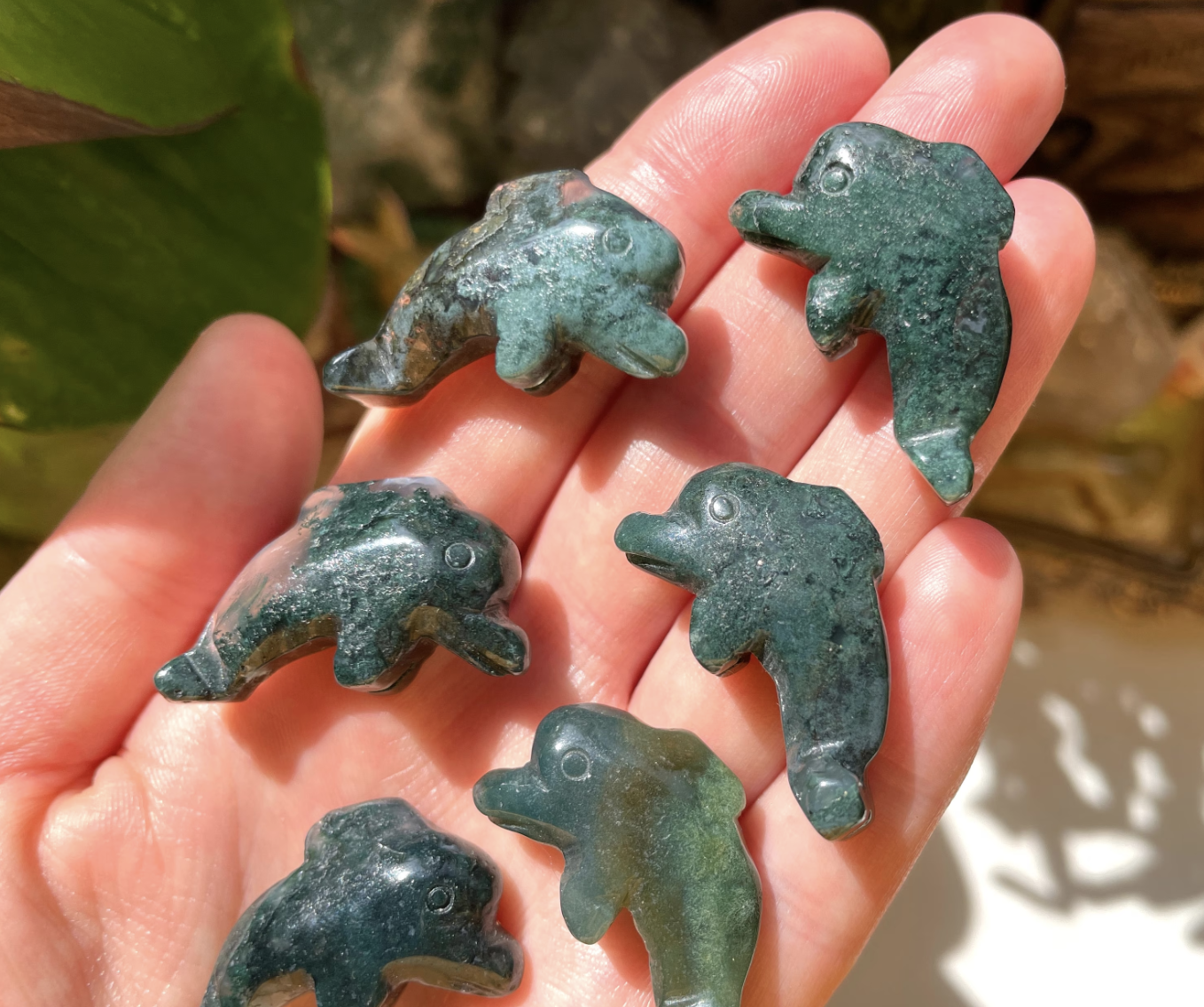 Moss Agate Dolphin Crystal Carving