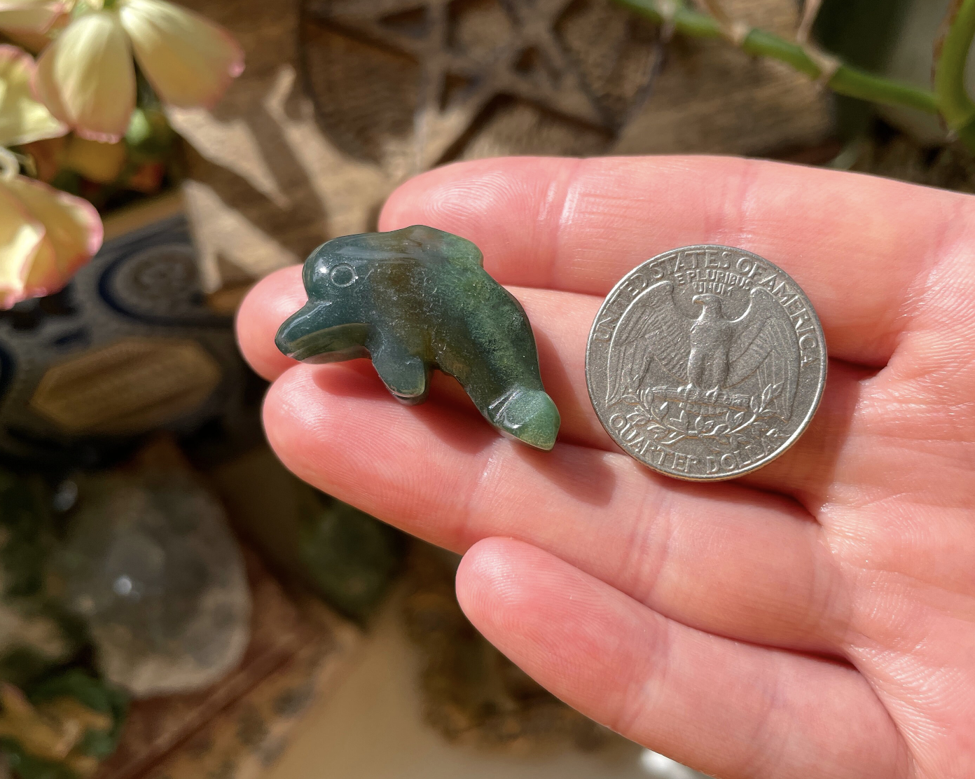 Moss Agate Dolphin Crystal Carving