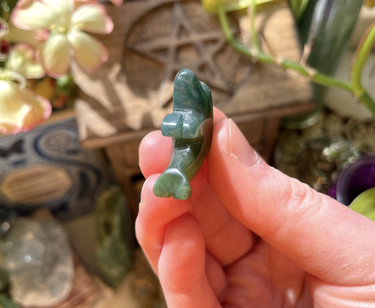 Moss Agate Dolphin Crystal Carving