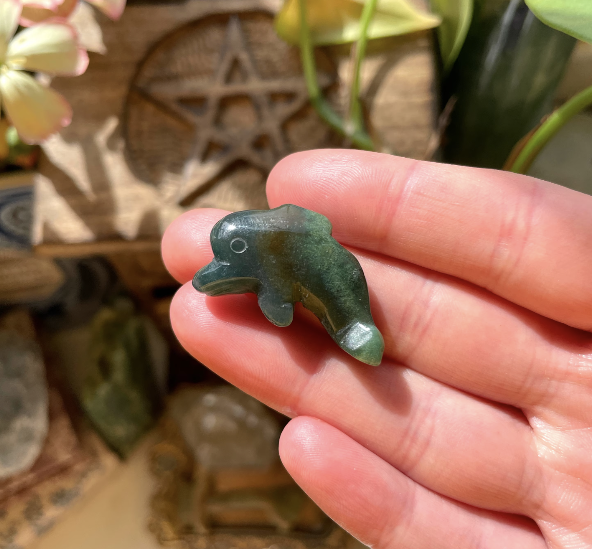 Moss Agate Dolphin Crystal Carving
