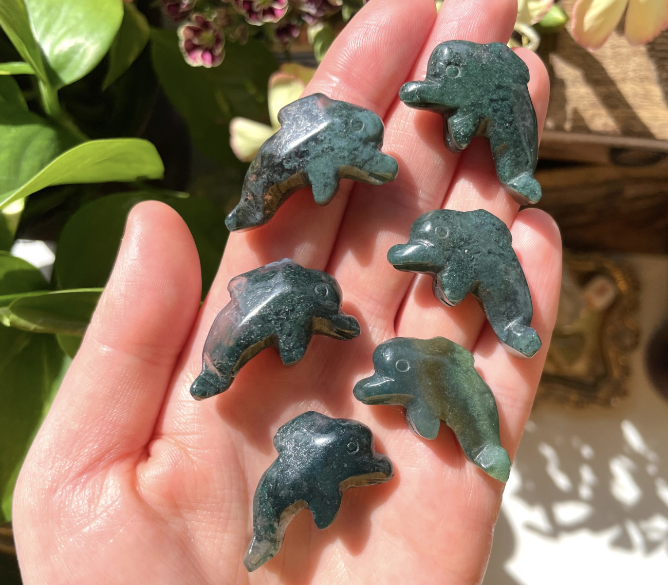 Moss Agate Dolphin Crystal Carving