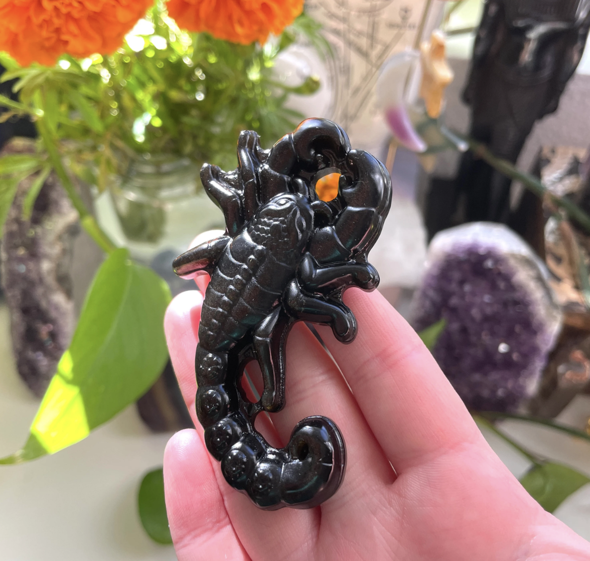 Gold Sheen Obsidian Scorpion Carving
