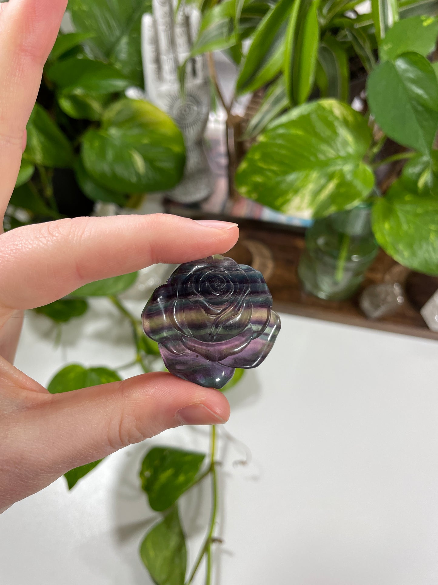 Rainbow Fluorite Rose Carving