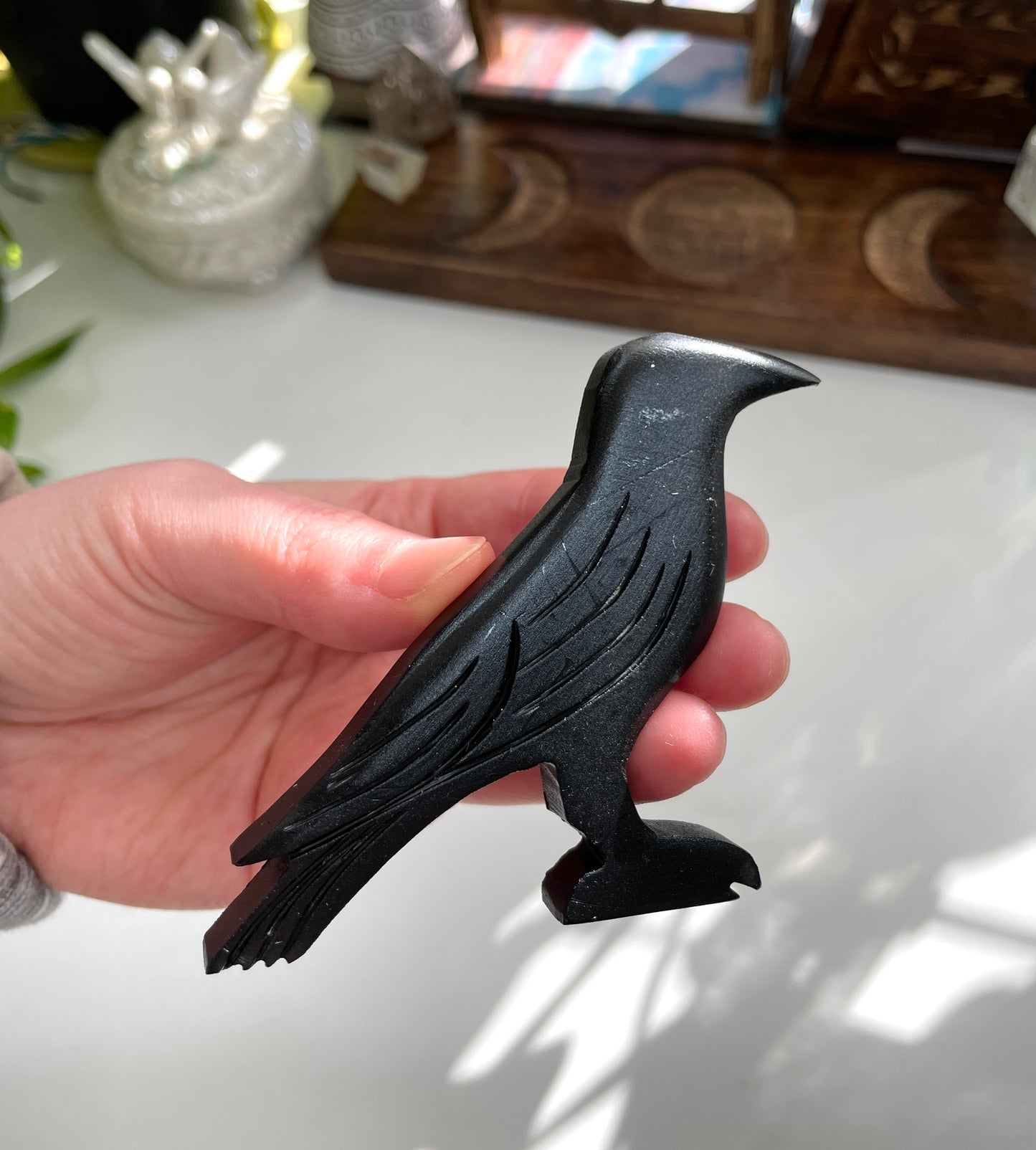 Black Serpentine Crow Carving