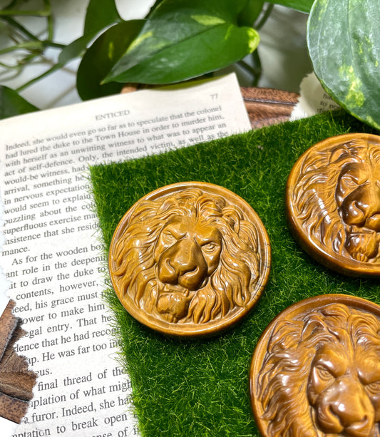 Tigers Eye Lion Medallion Carving