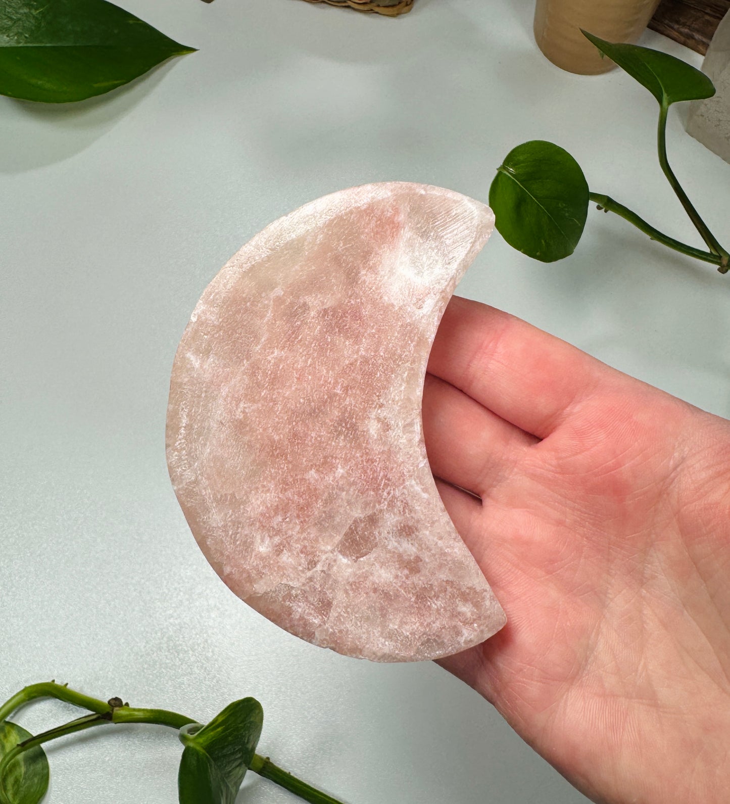 Strawberry Calcite Crescent Moon (Hand Carved)