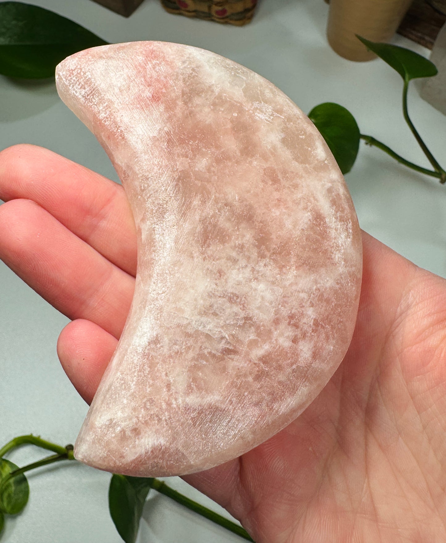 Strawberry Calcite Crescent Moon (Hand Carved)