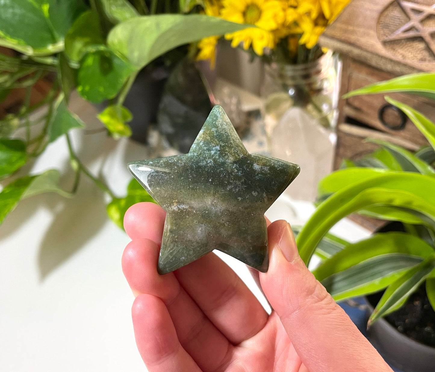 Moss Agate Star Carving