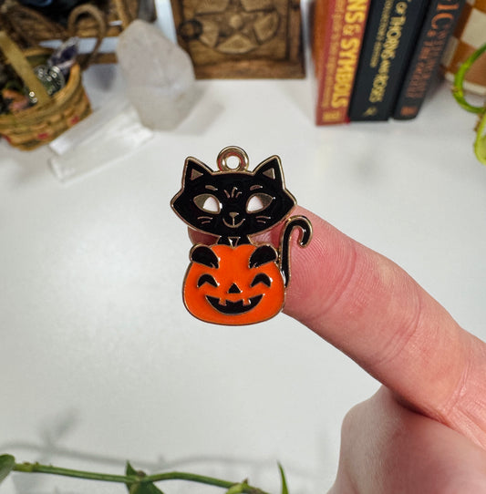 Black Cat in Pumpkin Charm