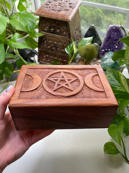 Triple Moon Carved Wooden Box