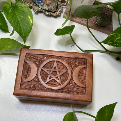 Triple Moon Carved Wooden Box