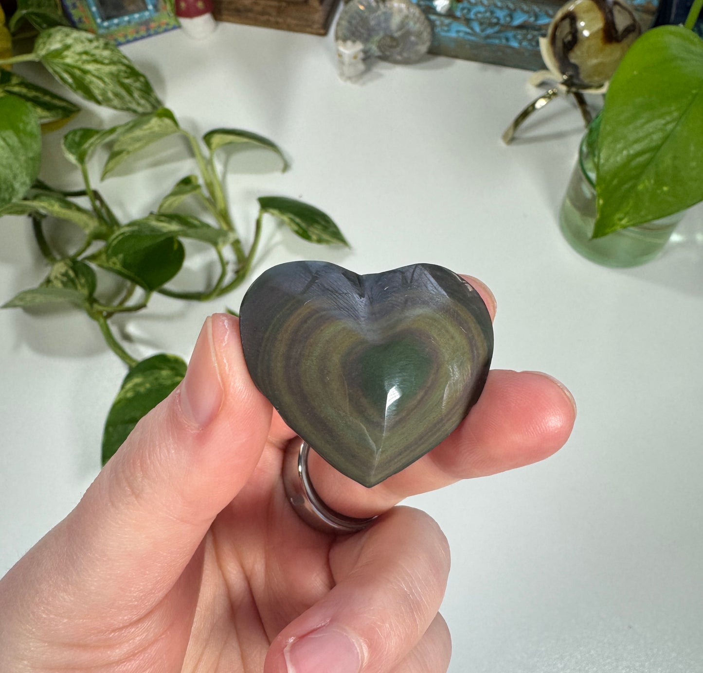 Rainbow Obsidian Heart Butterfly Carving