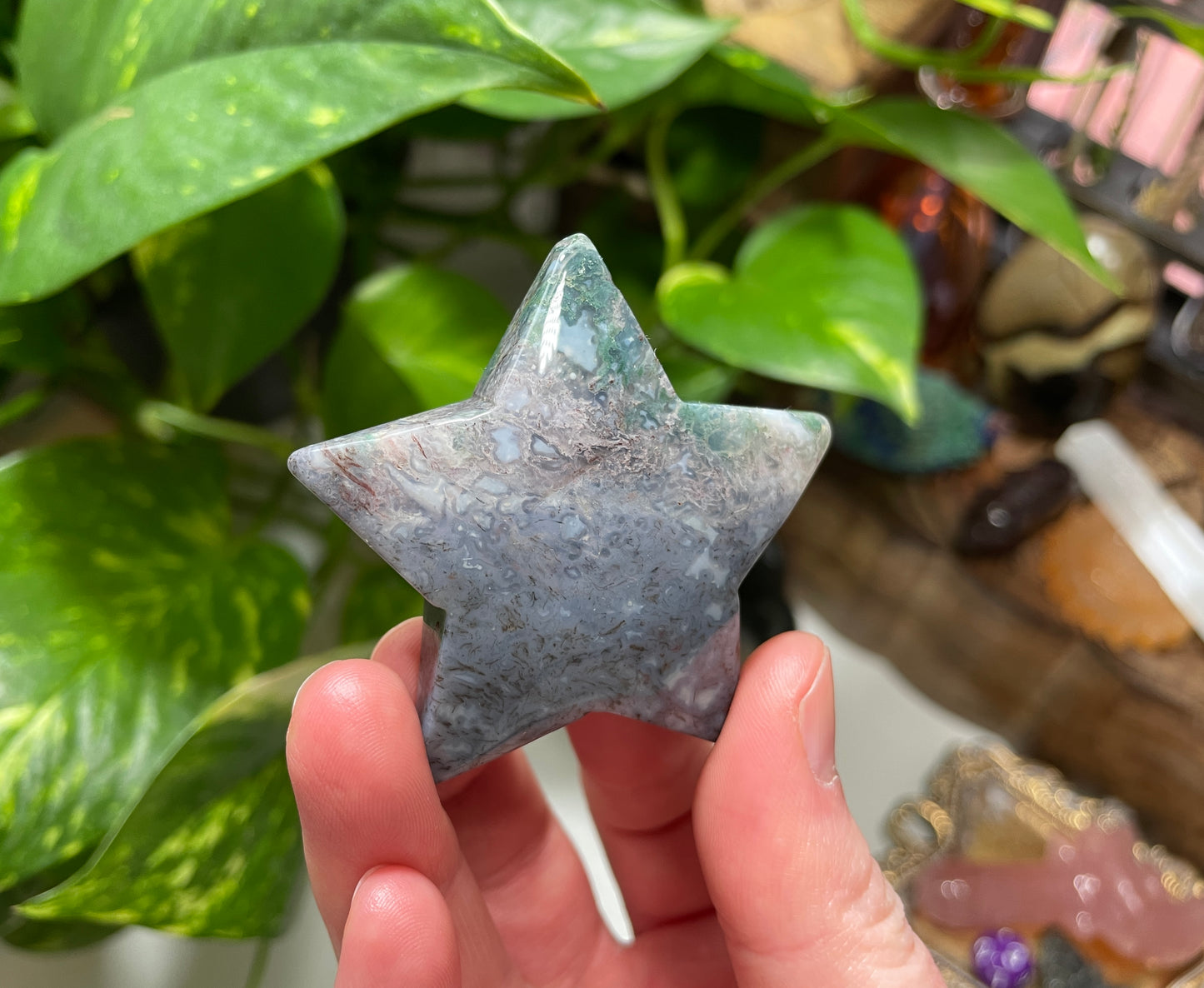 Moss Agate Star Carving