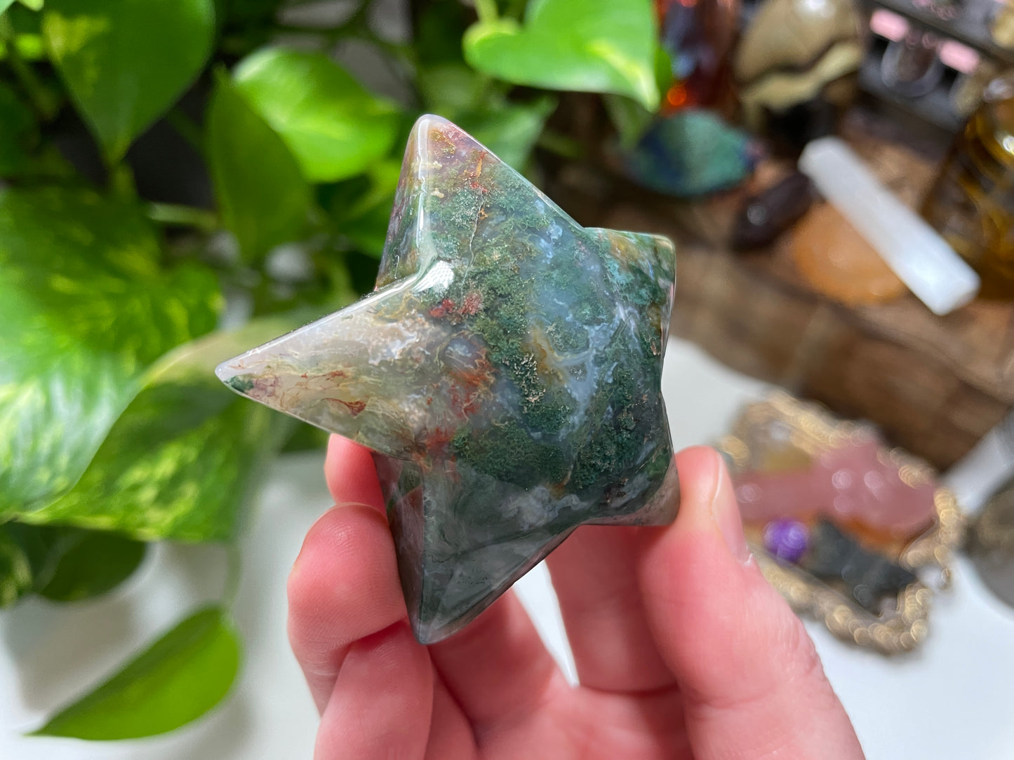 Moss Agate Star Carving