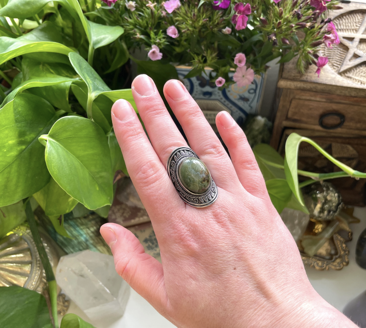 Moss Agate Adjustable Ring